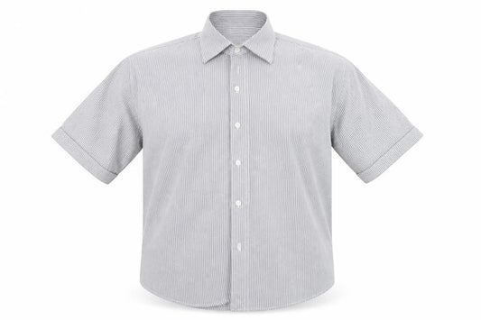 Front view of Giorgio men’s white check polyester button-up, size M, collared button