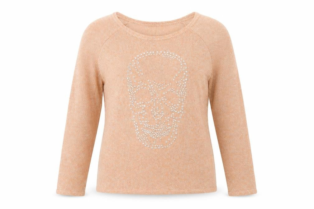 Front view of Dunnes women’s orange scoop neck polyester jumper, size M, - skull
