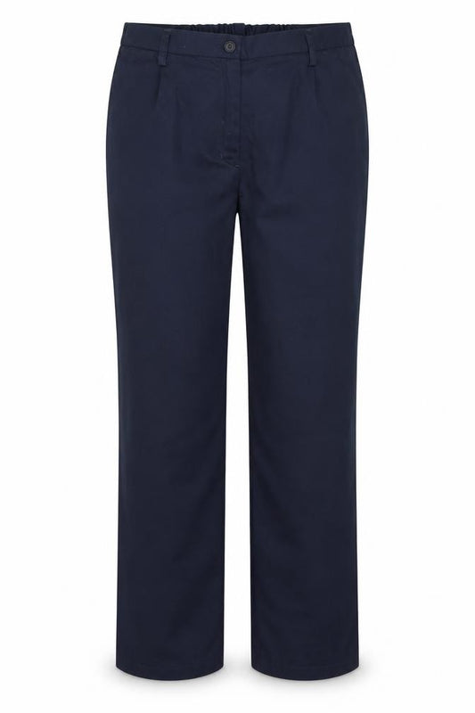 Front view of Tailored Image women’s blue polyester trousers, size UK 18, 32-inch leg regular