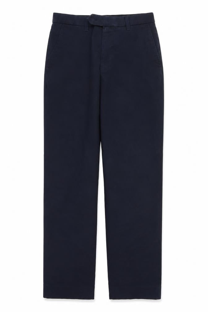 Front view of Next men’s blue polyester trousers, size 30, 28-inch leg regular button