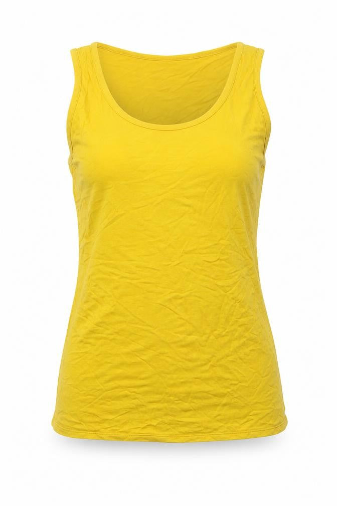 Front view of Forst Avenue women’s yellow viscose basic tank, size UK 12, round neck