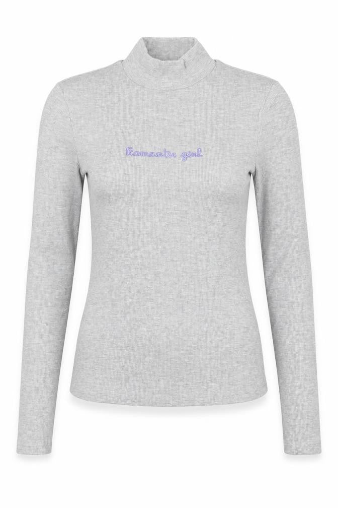 SheIn Womens Grey  Cotton Basic T-Shirt Size XS Mock Neck - Romantic Girl