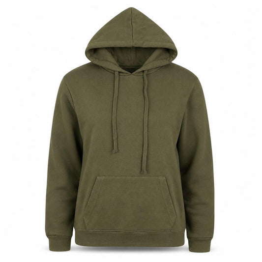 Front view of Boohoo women’s green cotton pullover hoodie, size UK 6, pullover