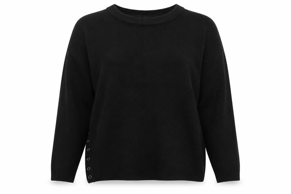 Front view of Capsule women’s black round neck acrylic jumper, size UK 12
