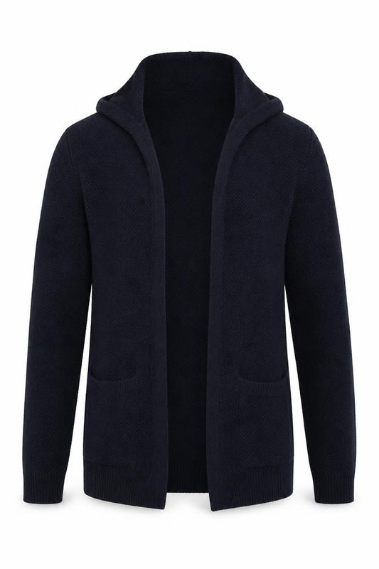 Front view of Topman men’s blue high neck cotton cardigan jumper, size XS