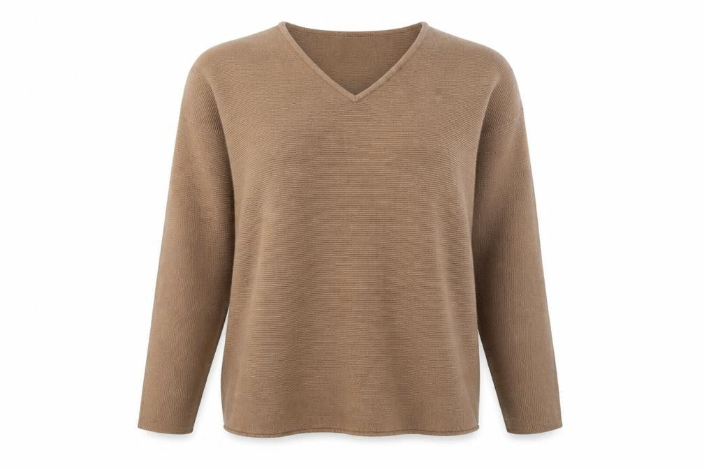Front view of H&M women’s brown v-neck polyester jumper, size S