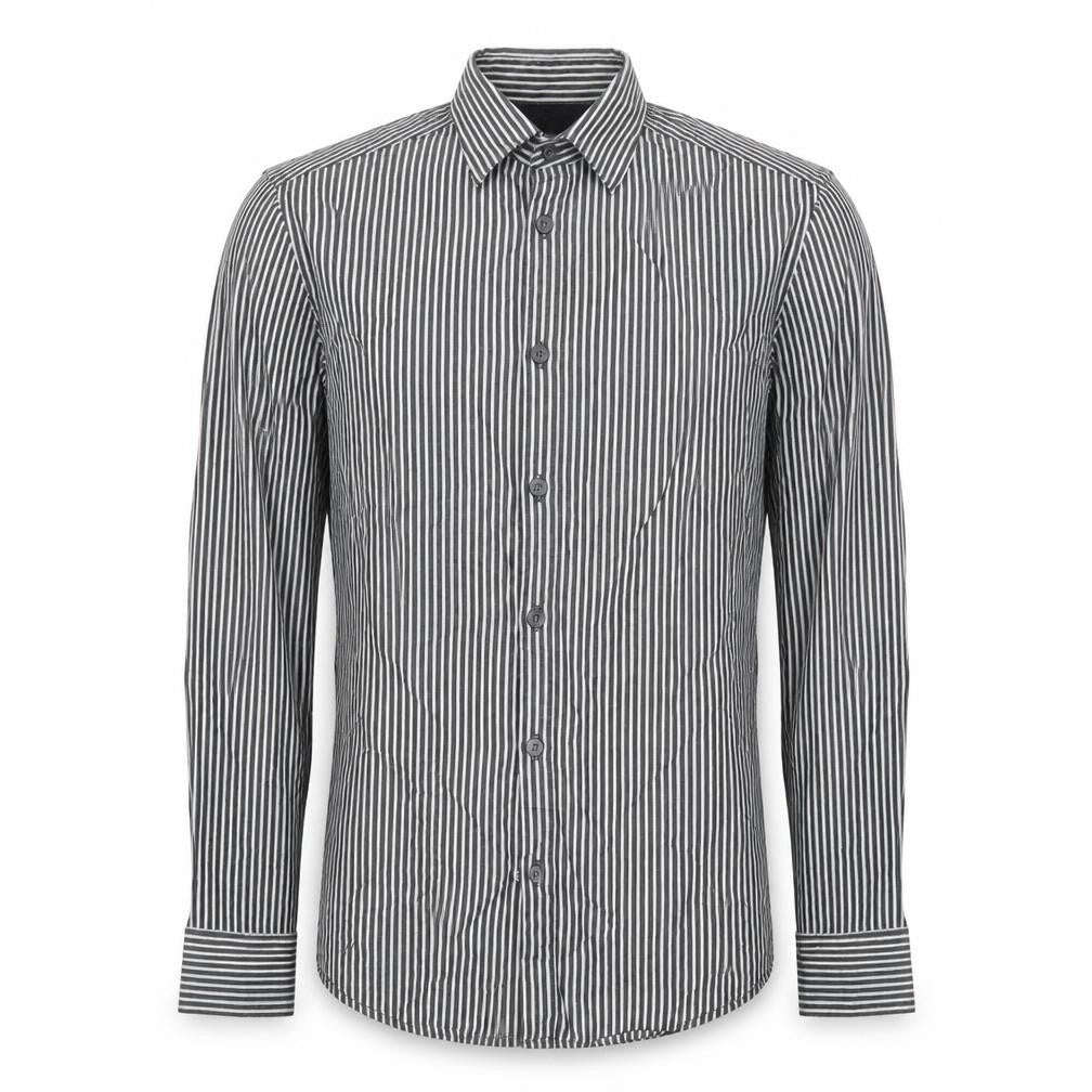 Front view of H&M men’s grey striped cotton button-up, size S, collared button