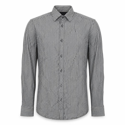 Front view of H&M men’s grey striped cotton button-up, size S, collared button