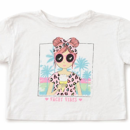 Dunnes Stores Girls White  Cotton Cropped T-Shirt Size 5-6 Years Crew Neck  - Vacay Vibes