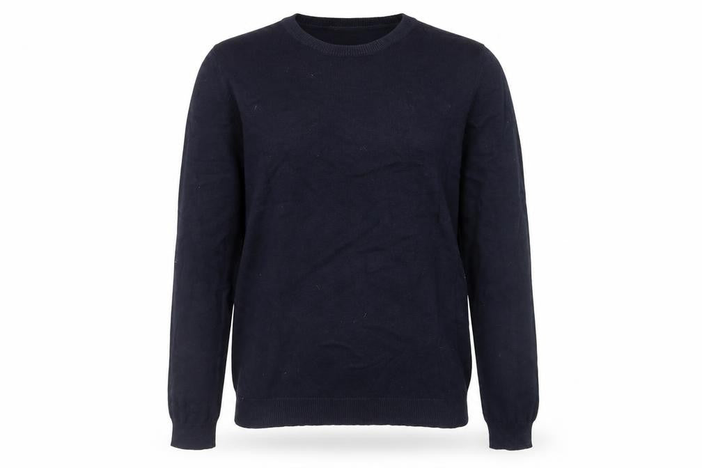Front view of H&M women’s blue crew neck viscose jumper, size S