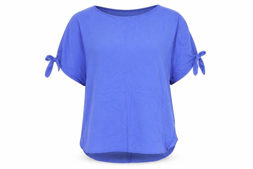 Front view of River Island women’s blue viscose basic blouse, size UK 8, round neck - cold shoulder