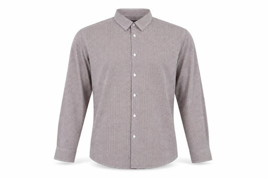 Front view of Primark men’s red check polyester button-up, size 16, collared button