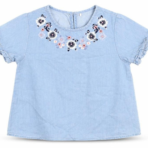George Girls Blue  100% Cotton Basic Blouse Size 6-7 Years Round Neck Button - Flower embroidery