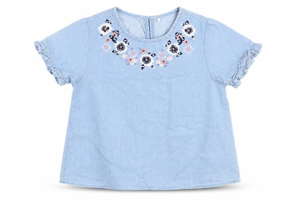 George Girls Blue  100% Cotton Basic Blouse Size 6-7 Years Round Neck Button - Flower embroidery