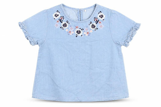 Front view of George girls’ blue 100% cotton basic blouse, size 6-7, years round neck button - flower embroidery