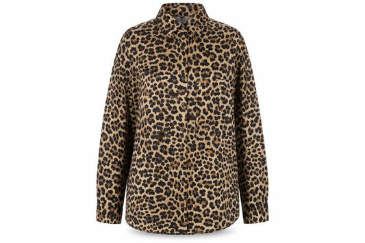 Front view of Preworn women’s multicoloured animal print polyester basic button-up, size L, collared