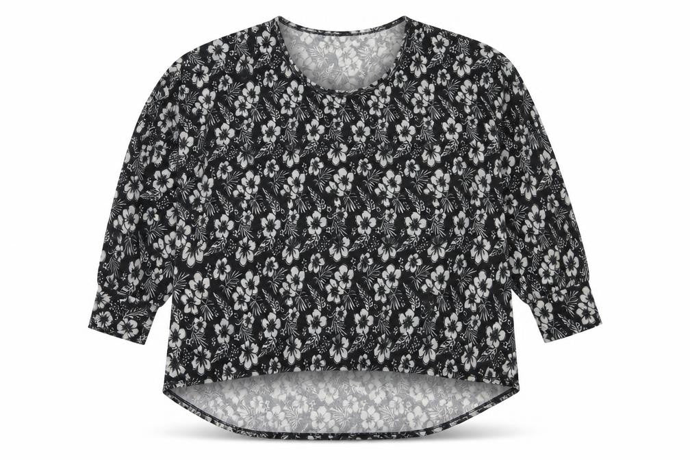 Front view of Stella women’s black round neck floral polyester jumper, size UK 16