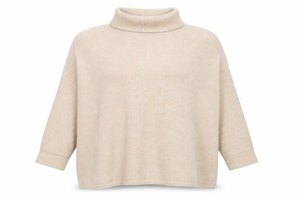 Front view of F&F women’s beige roll neck polyester jumper, size UK 14