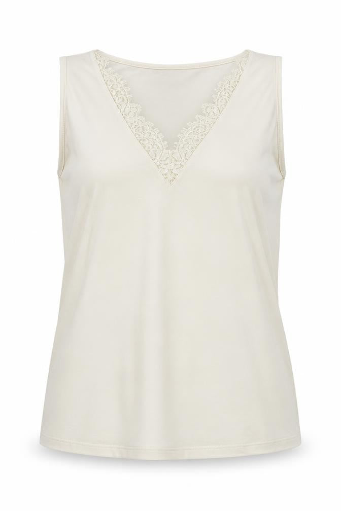 Front view of H&M women’s ivory polyester basic blouse, size M, v-neck - lace detail