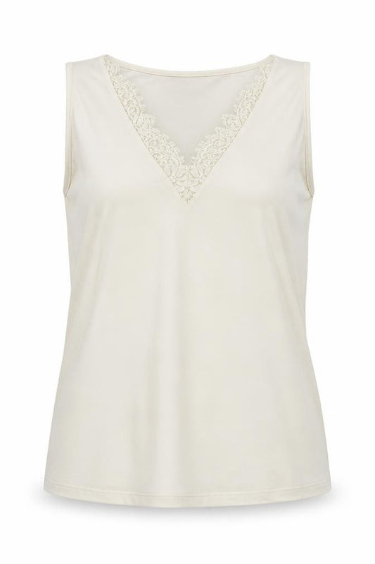 Front view of H&M women’s ivory polyester basic blouse, size M, v-neck - lace detail