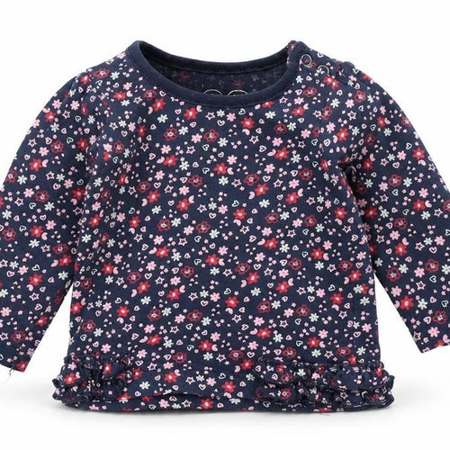 Earlydays Girls Blue Floral 100% Cotton Basic T-Shirt Size 0-3 Months Round Neck Snap - Flowers
