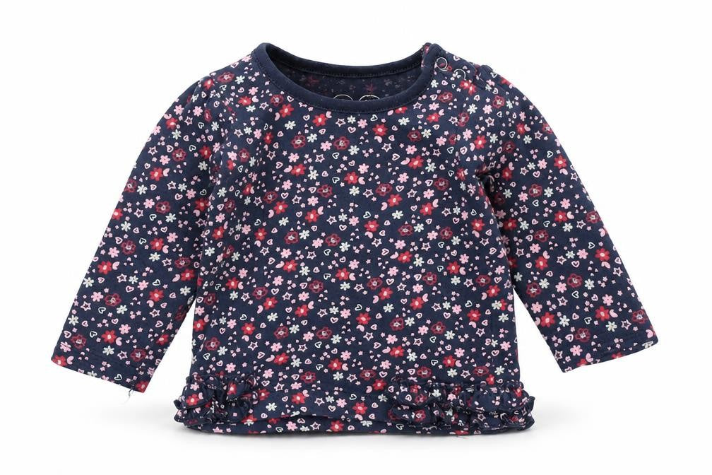 Earlydays Girls Blue Floral 100% Cotton Basic T-Shirt Size 0-3 Months Round Neck Snap - Flowers