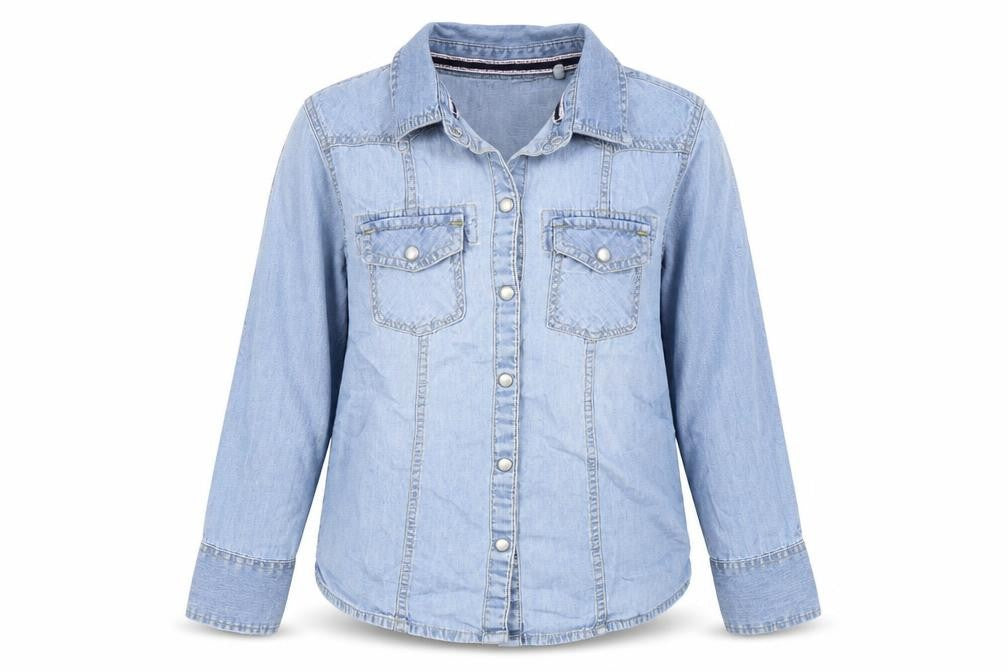 Front view of Next girls’ blue 100% cotton basic button-up, size 7, years round neck snap