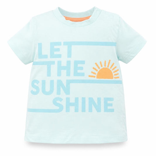 Front view of F&F boys’ blue 100% cotton basic t-shirt, size 3-6, months round neck snap - let the sun shine