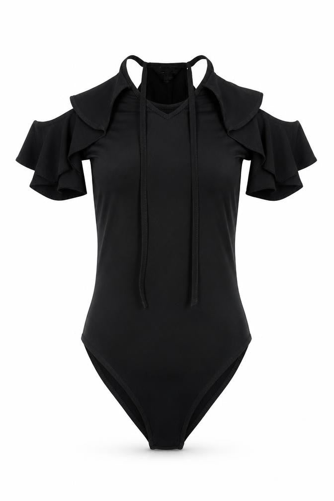 Miss Selfridge Womens Black  Polyester Bodysuit One-Piece Size 10   - Cold Shoulder
