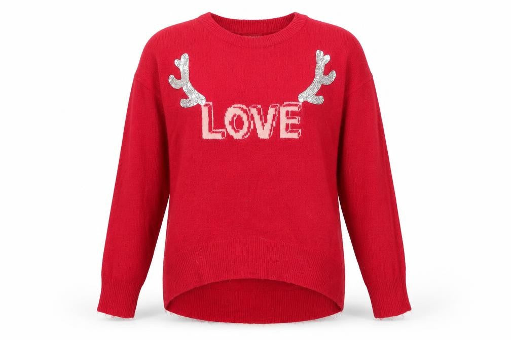 Primark Womens Red Round Neck  Acrylic Pullover Jumper Size S   - love , antlers