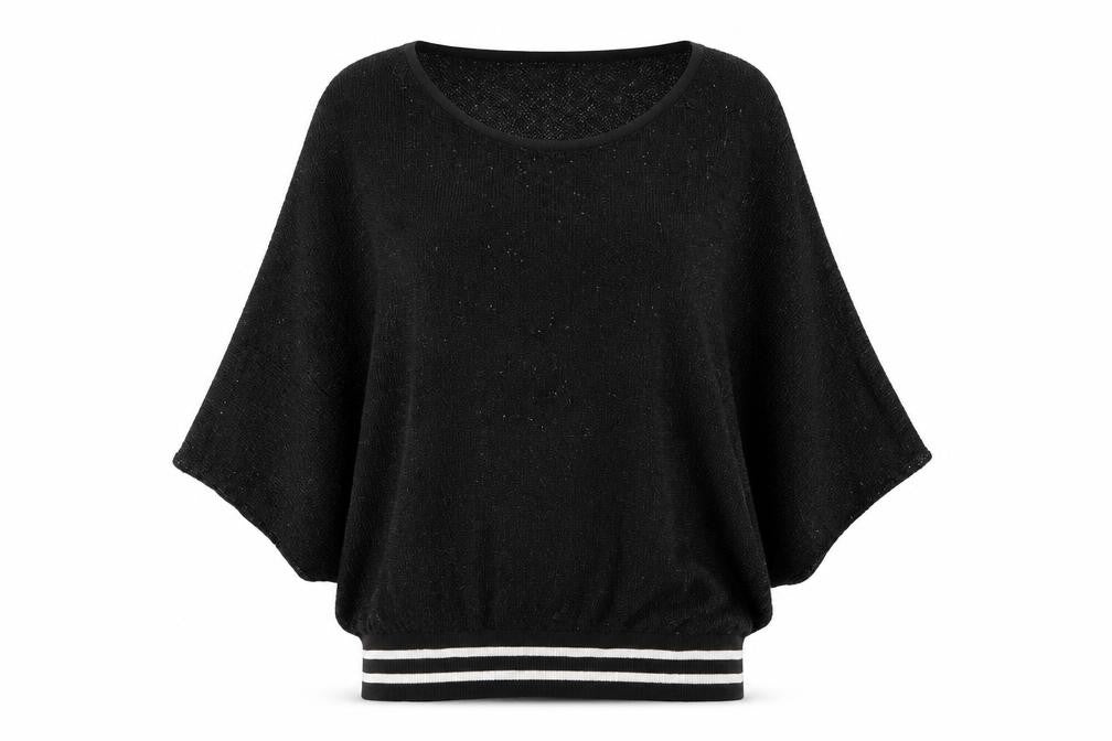 Front view of Jecci Five women’s black boat neck striped polyester jumper, size L