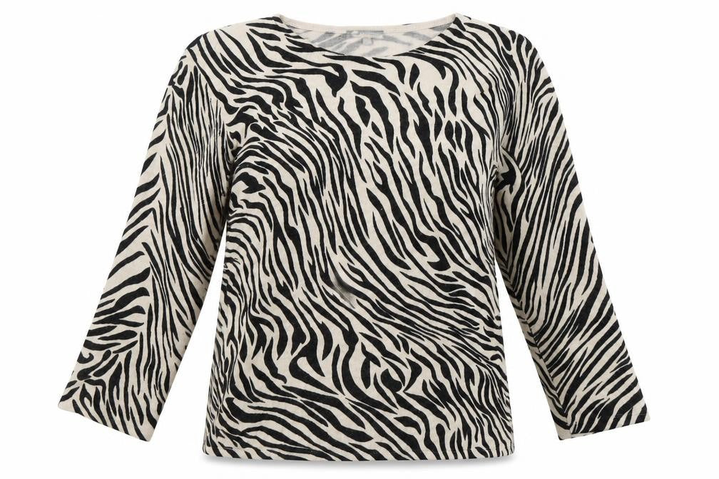 Front view of Maimoda women’s beige animal print viscose basic blouse, size L, round neck