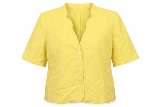 Front view of Country Casuals women’s yellow cupro jacket blazer, size UK 18