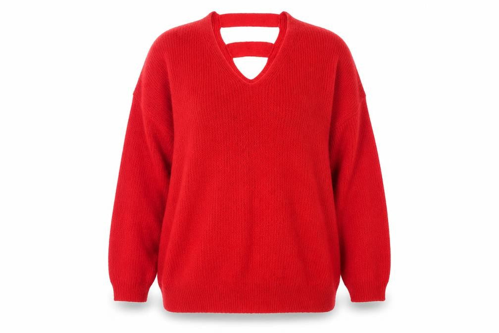Front view of F&F women’s red v-neck acrylic jumper, size UK 14