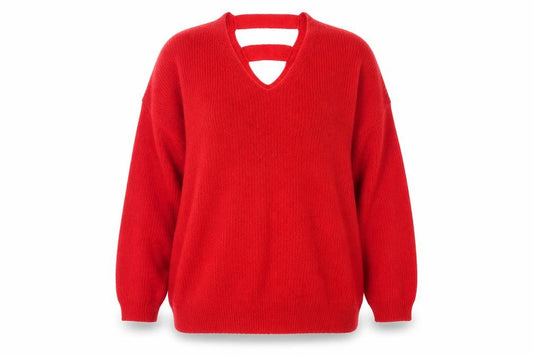 Front view of F&F women’s red v-neck acrylic jumper, size UK 14