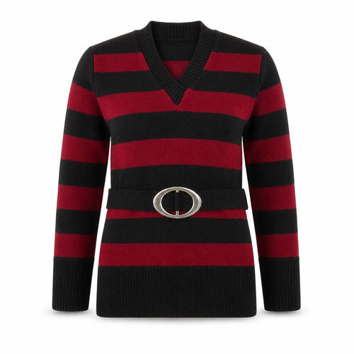 Etiquette Womens Red V-Neck Striped Acrylic Pullover Jumper Size XL