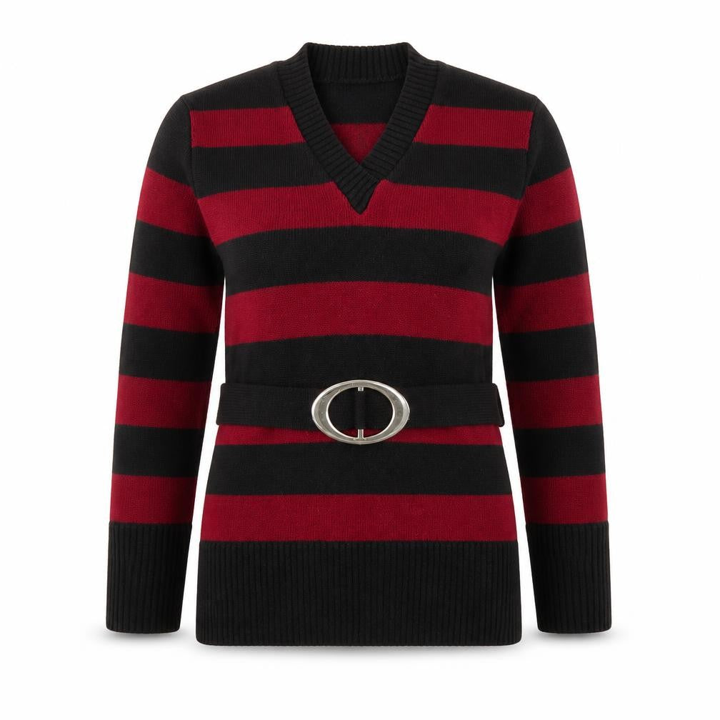 Etiquette Womens Red V-Neck Striped Acrylic Pullover Jumper Size XL