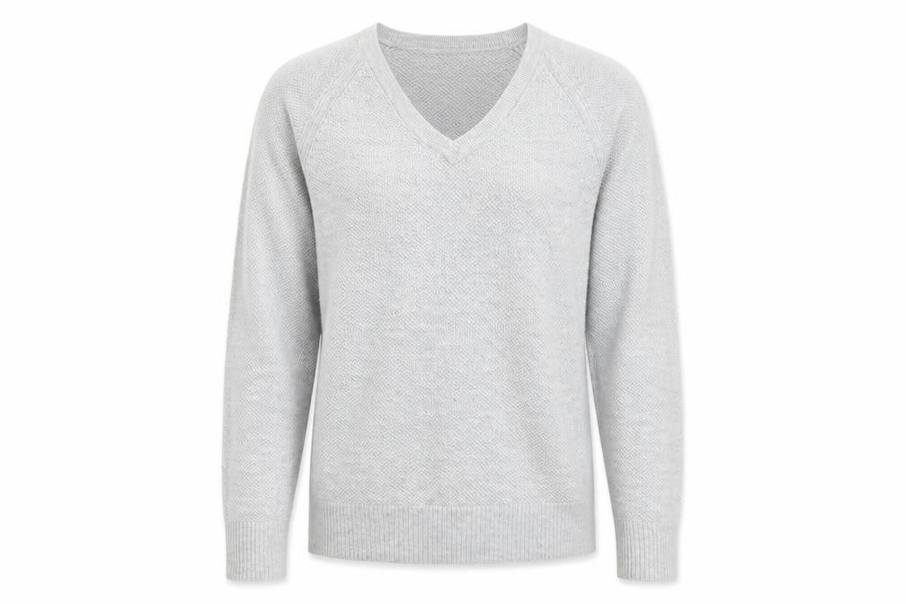 Front view of Gap men’s grey v-neck cotton jumper, size M