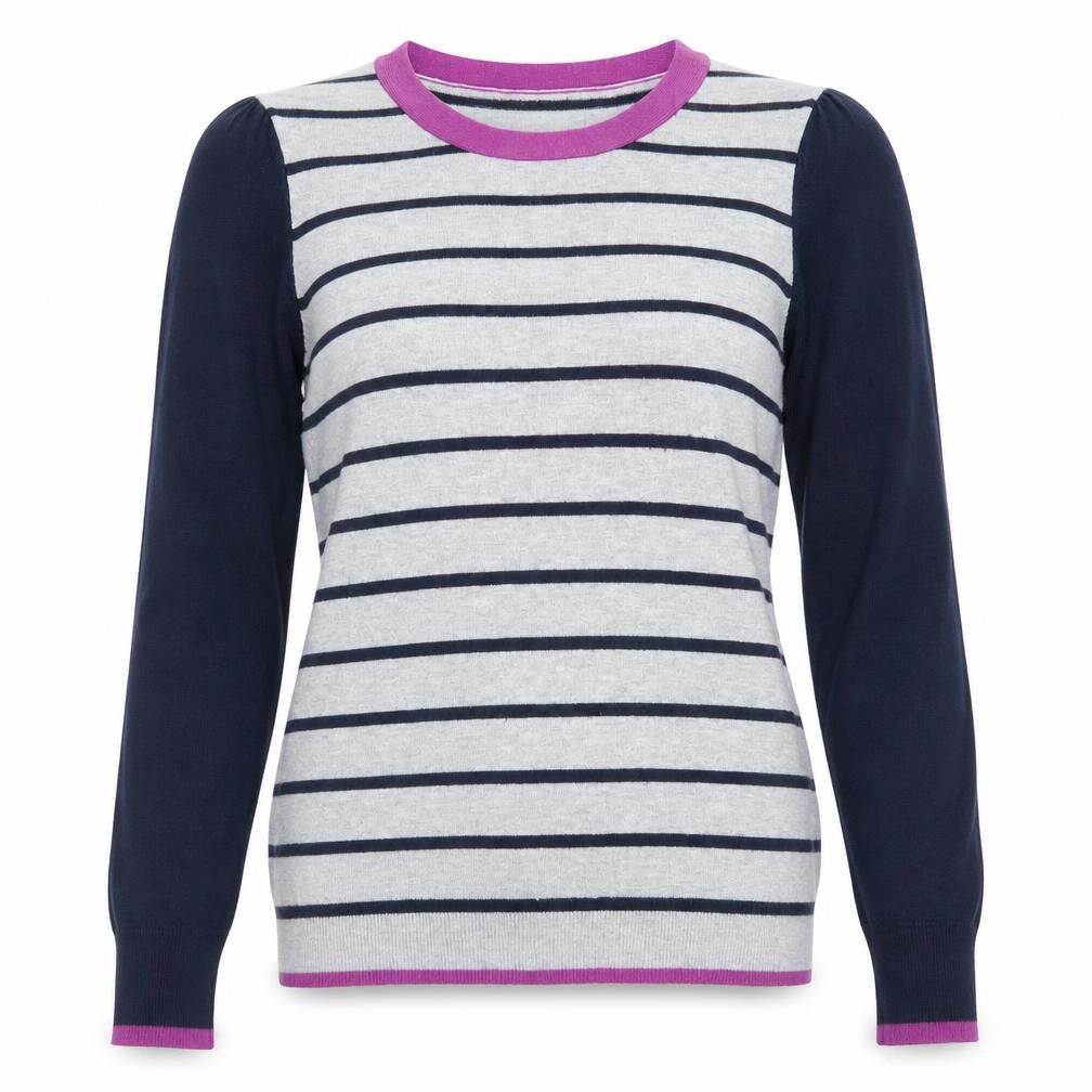 Front view of M&Co women’s grey crew neck striped acrylic jumper, size UK 12