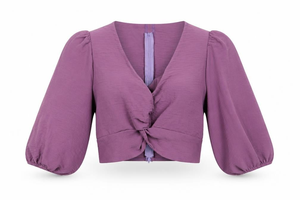 Front view of cayro women’s purple polyester cropped blouse, size M, v-neck