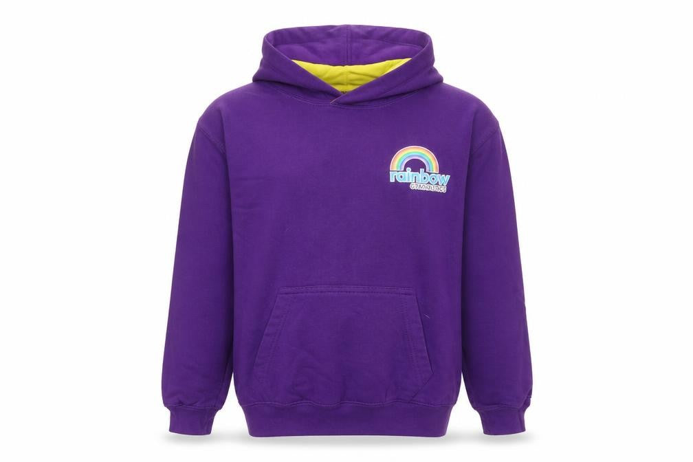 Front view of Awdis girls’ purple cotton pullover hoodie, size 9, years pullover - rainbow gymnastics