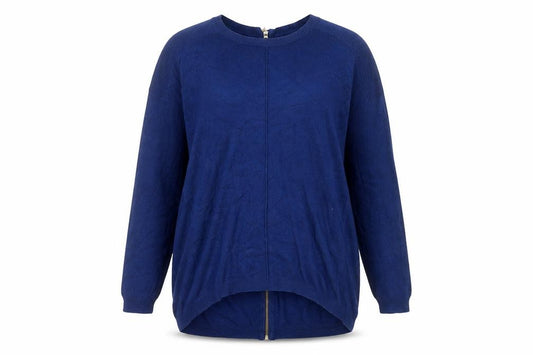Front view of Atmosphere women’s blue crew neck polyester jumper, size UK 8