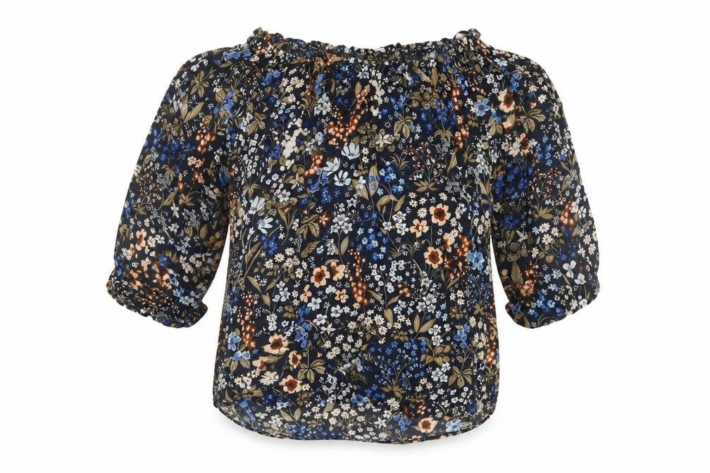 Front view of Stradivarius women’s blue floral viscose basic blouse, size S, off the shoulder