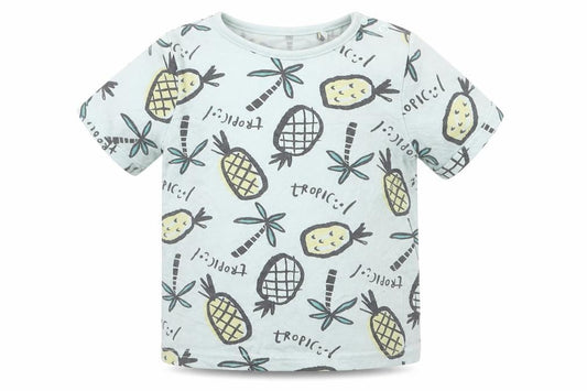 Front view of Tu boys’ blue cotton basic t-shirt, size 12-18, months crew neck pullover - tropic pineapples