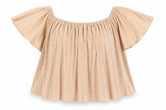 Front view of Missguided women’s beige polyester basic blouse, size UK 8, off the shoulder