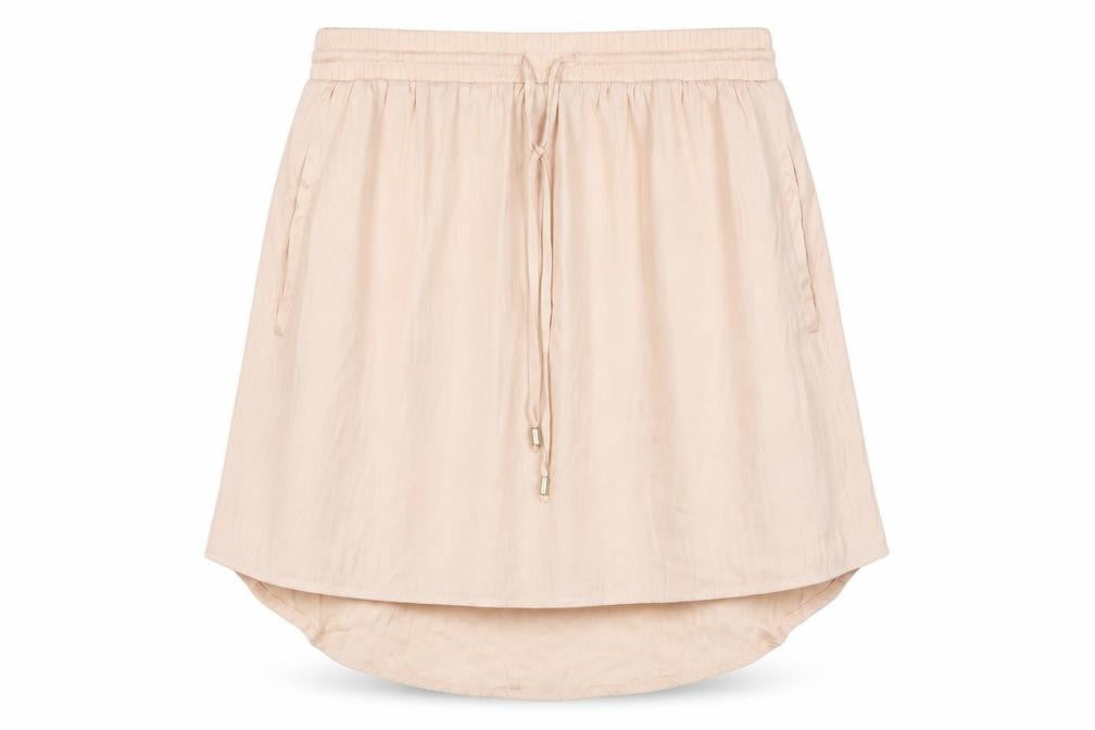 Front view of VILA women’s pink polyester a-line skirt, size L, drawstring