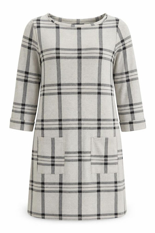 Front view of Primark women’s grey check polyester t-shirt dress, size UK 10, round neck pullover