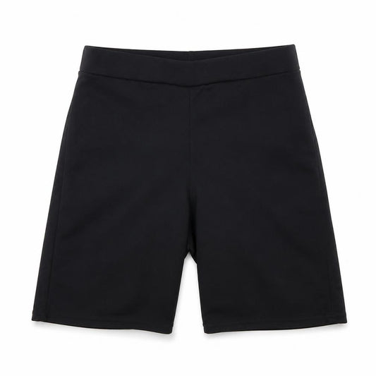 Front view of Boohoo women’s black polyester biker shorts, size UK 8, 7-inch leg regular