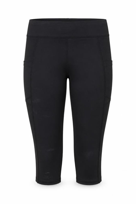 Front view of Preworn women’s black polyester pedal pusher leggings, size S, 18-inch leg regular