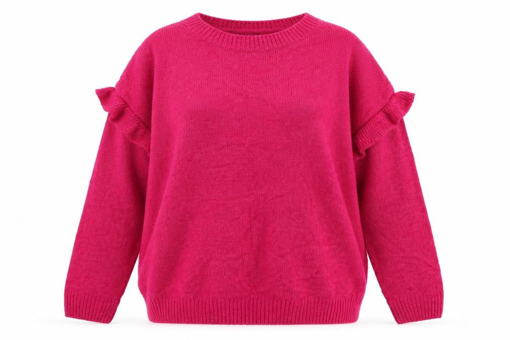 Front view of C&A women’s pink crew neck acrylic jumper, size M